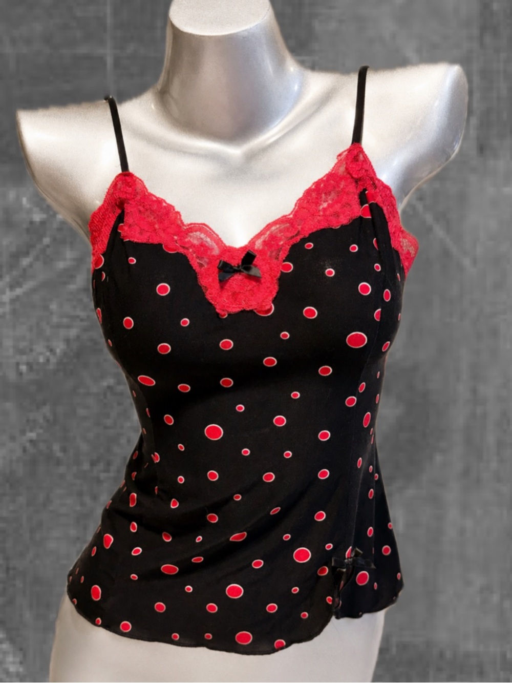 VINTAGE red polka dot cami camisole tank top lingerie lace bow y2k coquette